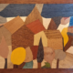 Casette 9, quadro intarsiato in legno con borgo e alberi di Mario Belardi