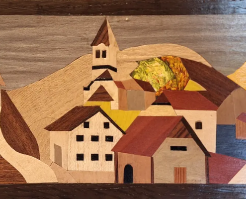 Lussari 2, quadro intarsiato in legno del Monte Lussari di Mario Belardi