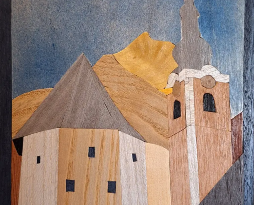 Torre Medievale Tarvisio, quadro intarsiato in legno di Mario Belardi