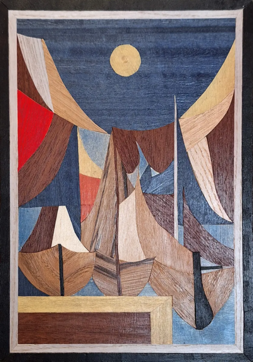 Universo 15-07-2026marbelar Barche e Vele, quadro intarsiato in legno di Mario Belardi